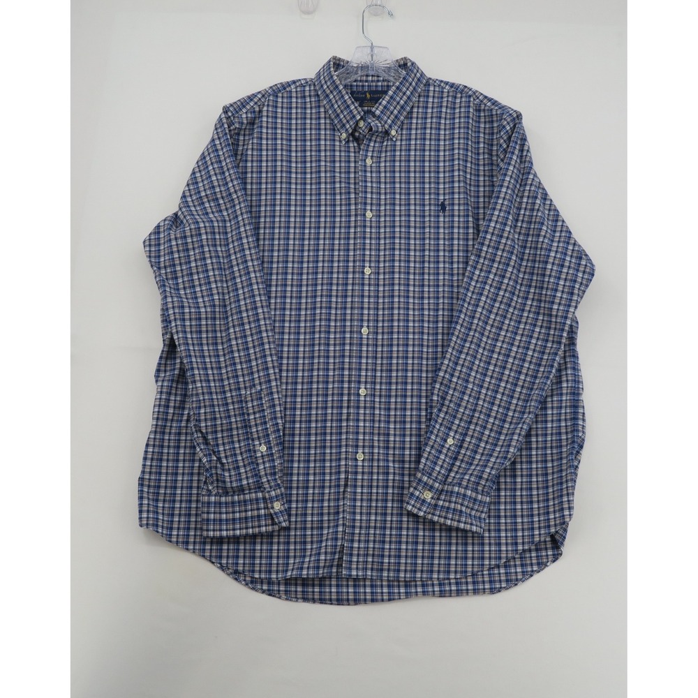 Ralph Lauren‎ Mens XXL Classic Fit Performance Plaid Button Down Shirt Blue Tan